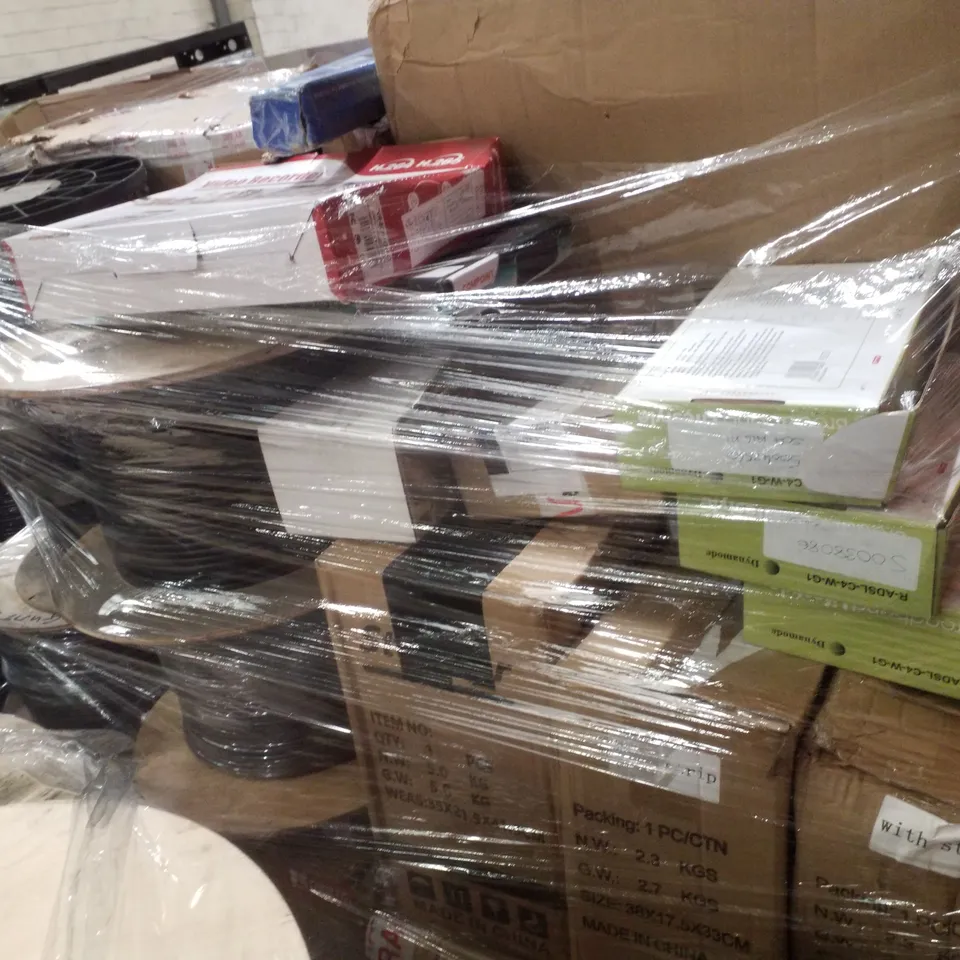 PALLET CONTAINING ASSORTED PRODUCTS INCLUDING MINI CYCLE, WIRELESS ROUTER ADSL MODEM, ASSORTED SPOOLS OF WIRE & NETWORK CABINETS