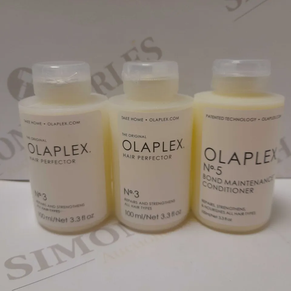 LOT OF 3 OLAPLEX PRODUCTS TO INCLUDE 2 X 100ML NO.3 HAIR PERFECTOR & NO.5 BOND MAINTAINANCE CONDITIONER 