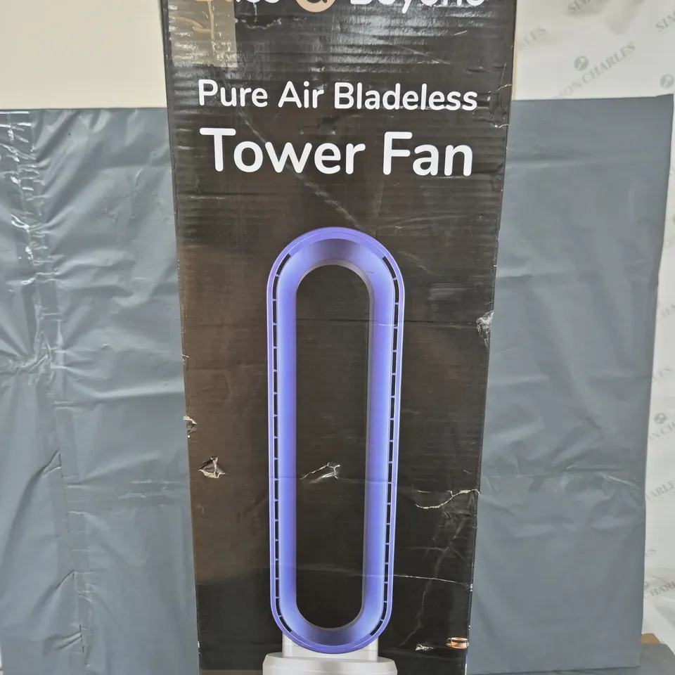 BOXED BLISS & BEYOND PURE AIR BLADELESS TOWER FAN IN WHITE/BLUE