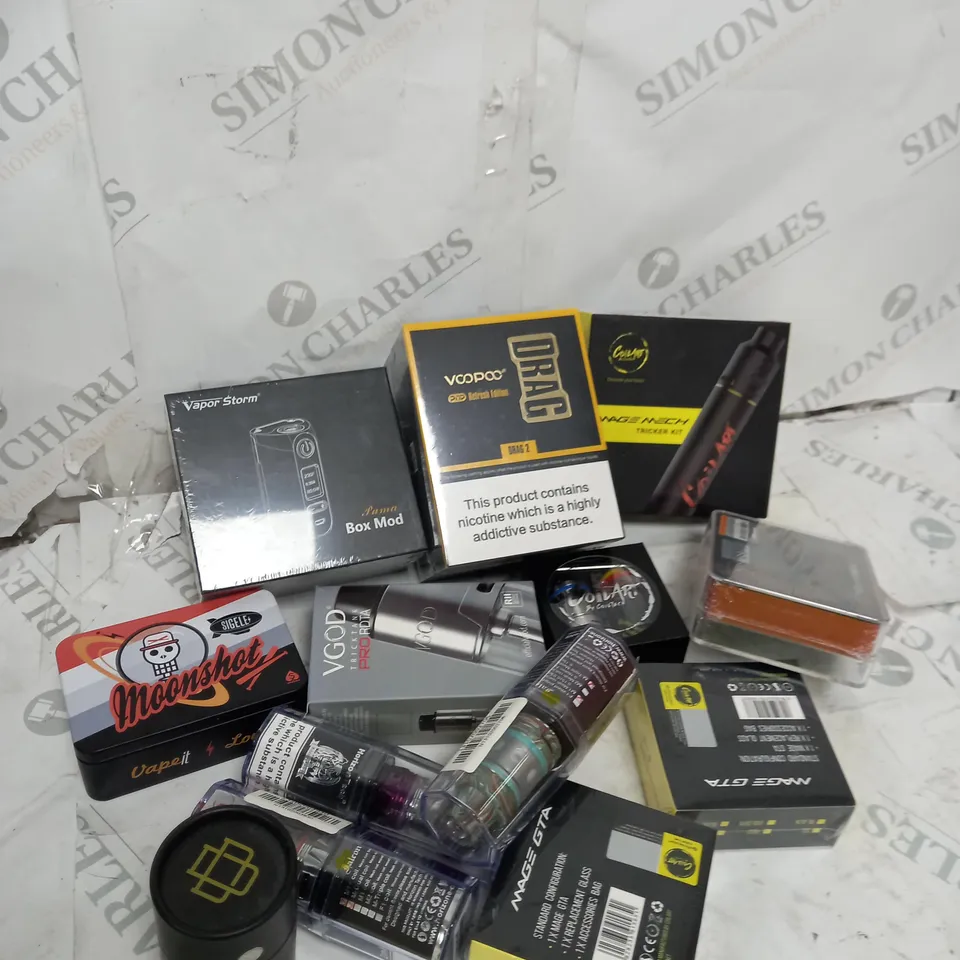 BOX OF APPROXIMATELY 10 ASSORTED E-CIG PRODUCTS TO INCLUDE AUGVAPE, OXVA, VAPORESSO ETC