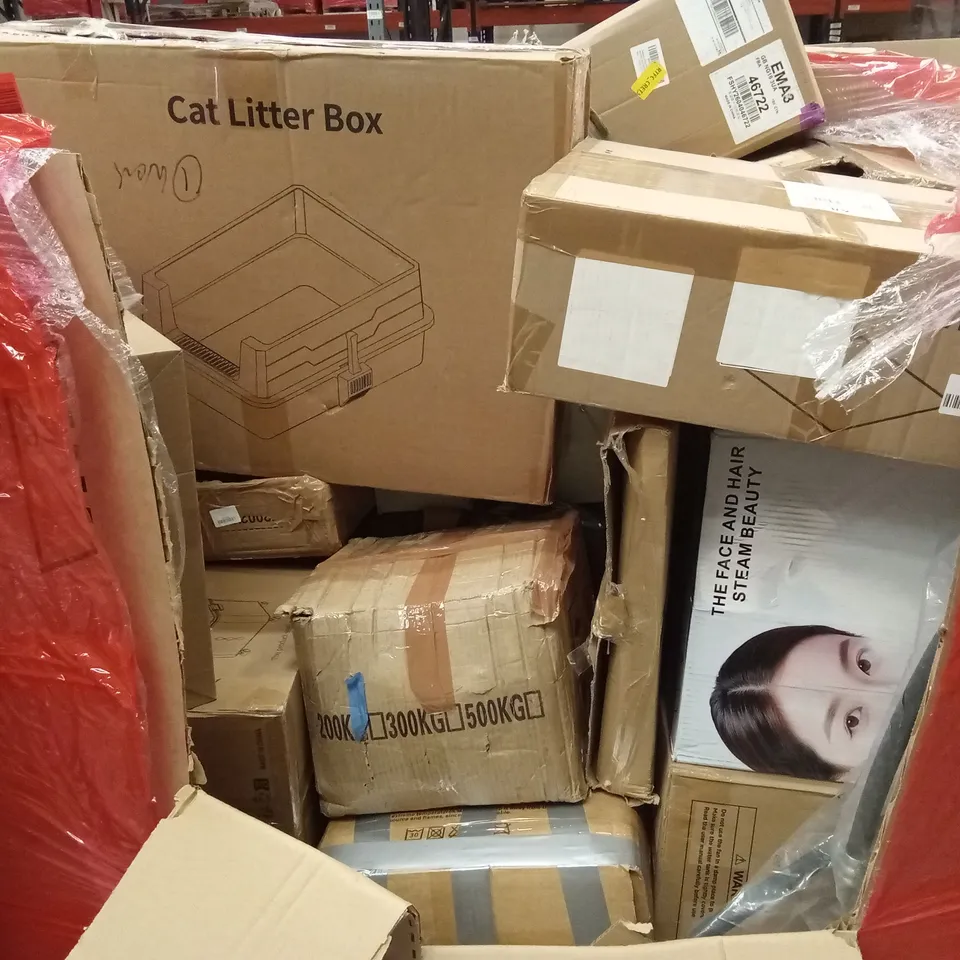 PALLET OF ASSORTED HOUSEHOLD GOODS AND PRODUCTS TO INCLUDE; CAT LITTER BOX, FACIAL AND HAIR STEAMER, AIR COOLER ETC