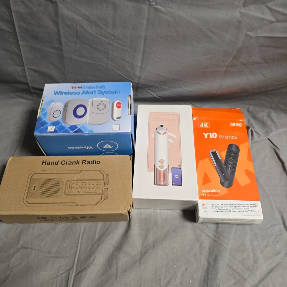 APPROXIMATELY 10 ASSORTED ELECTRICAL PRODUCTS TO INCLUDE WIRELESS ALERT SYSTEM, HAND CRANK RADIO, BLACKHEAD REMOVAL DEVICE ETC 