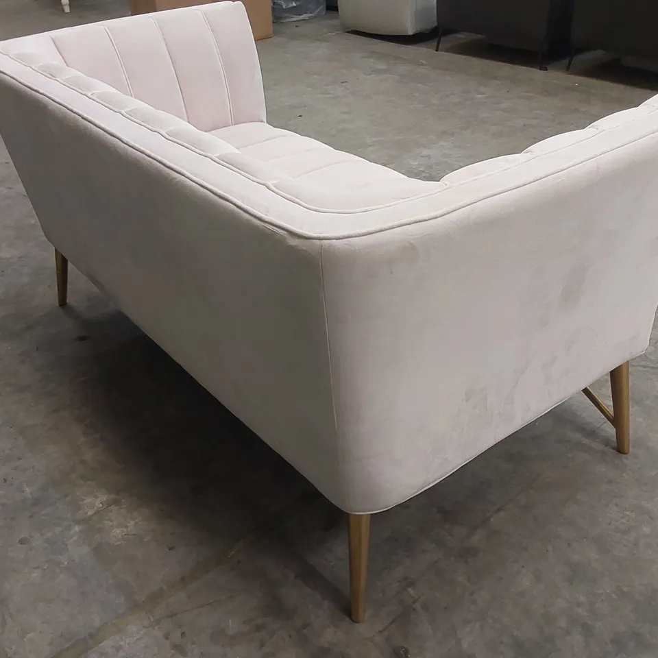DESIGNER PLUSH PINK VELVET UPHOLSTERED SOFA WITH GOLD LEGS 