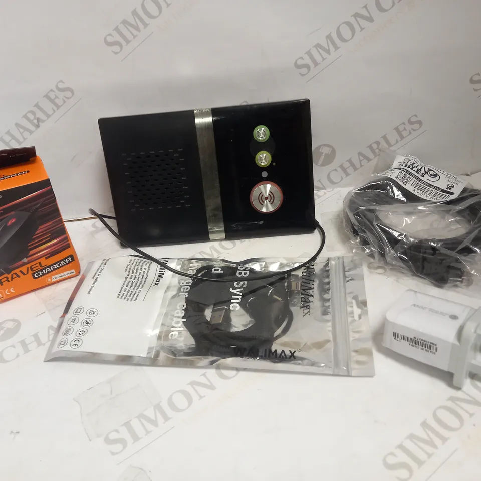 LOT OF APPROXIMATELY 10 ASSORTED ELECTRICAL ITEMS, TO INCLUDE TRAVEL CHARGER, ETHERNET CABLE, ALARM UNIT, ETC