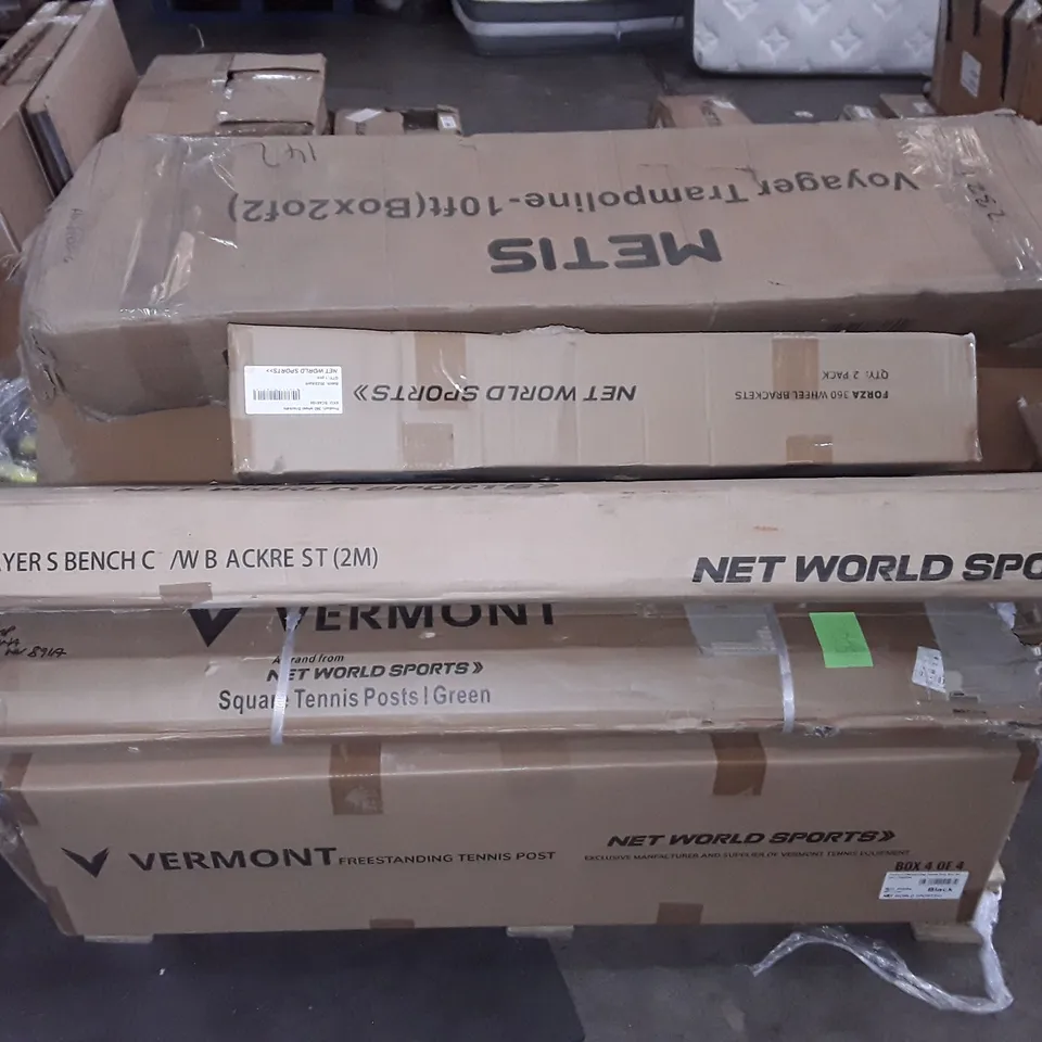 PALLET OF ASSORTED SPORTING ITEM PARTS TO INCLUDE 10FT TRAMPOLINE AND PLAYERS BENCH