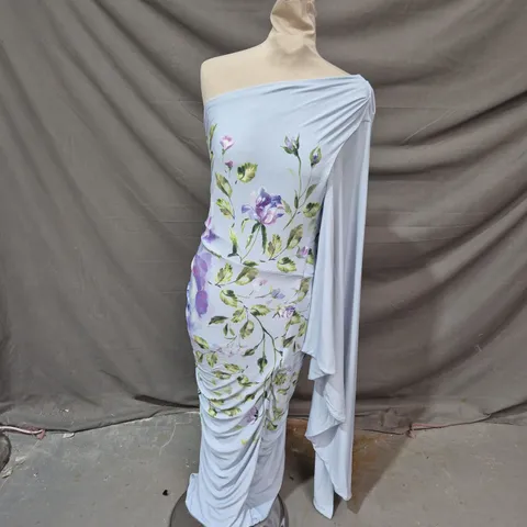 CLUB LONDON CLEMENTINA POWDER BLUE ROSE PRINT ASYMMETRIC CAPE SLEEVE MAXI DRESS – UK 10