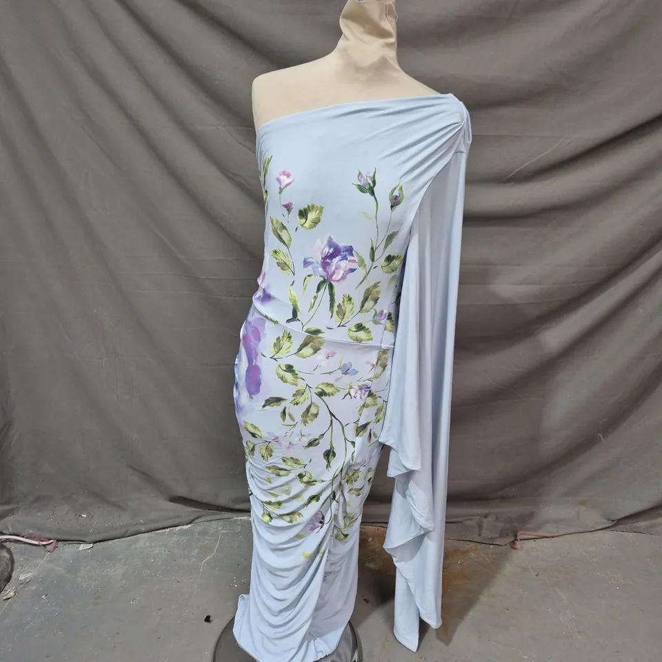 CLUB LONDON CLEMENTINA POWDER BLUE ROSE PRINT ASYMMETRIC CAPE SLEEVE MAXI DRESS – UK 10