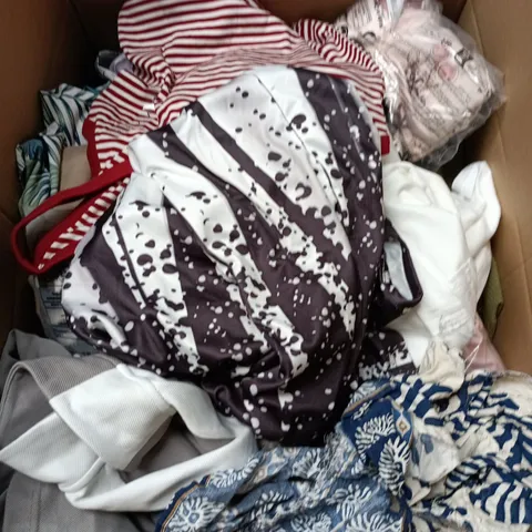 BOX OF APPROXIMATELY 25 ASSORTED CLOTHING ITEMS IN VARIOUS STYLES , COLOURS AND SIZES