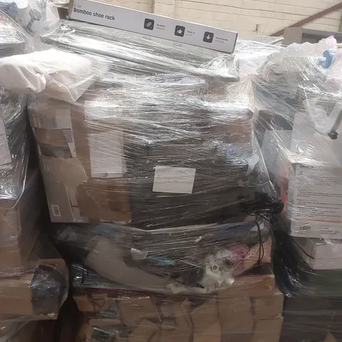 PALLET OF ASSORTED E-COMMERCE GOODS AND PRODUCTS TO INCLUDE: BAMBOO SHOE RACK, GRAVITY CHAIR, CAMPING CHAIRS, PEDESTAL FAN ECT