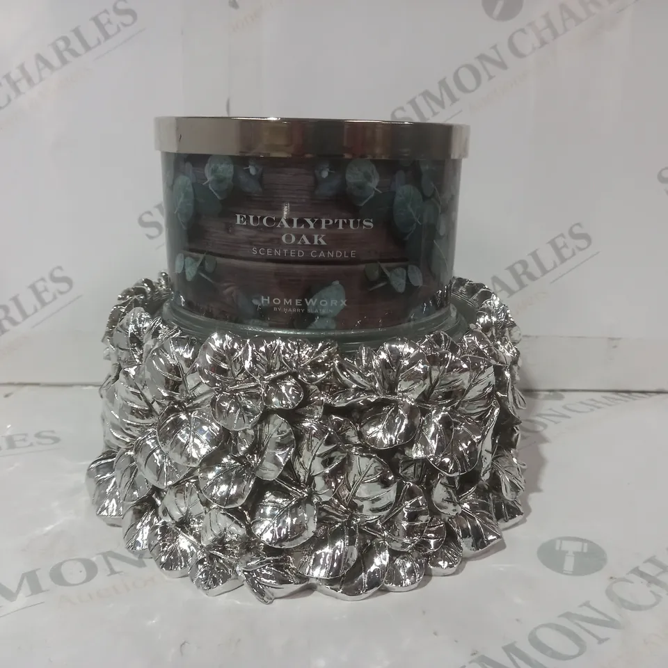 HOMEWORX BY HARRY SLATKIN EUCALYPTUS OAK SCENTED CANDLE W. SILVER EFFECT PLATFORM