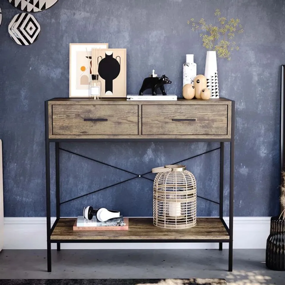 BOXED SYLVIE 2 DRAWER INDUSTRIAL STYLE CONSOLE TABLE WITH METAL LEGS 