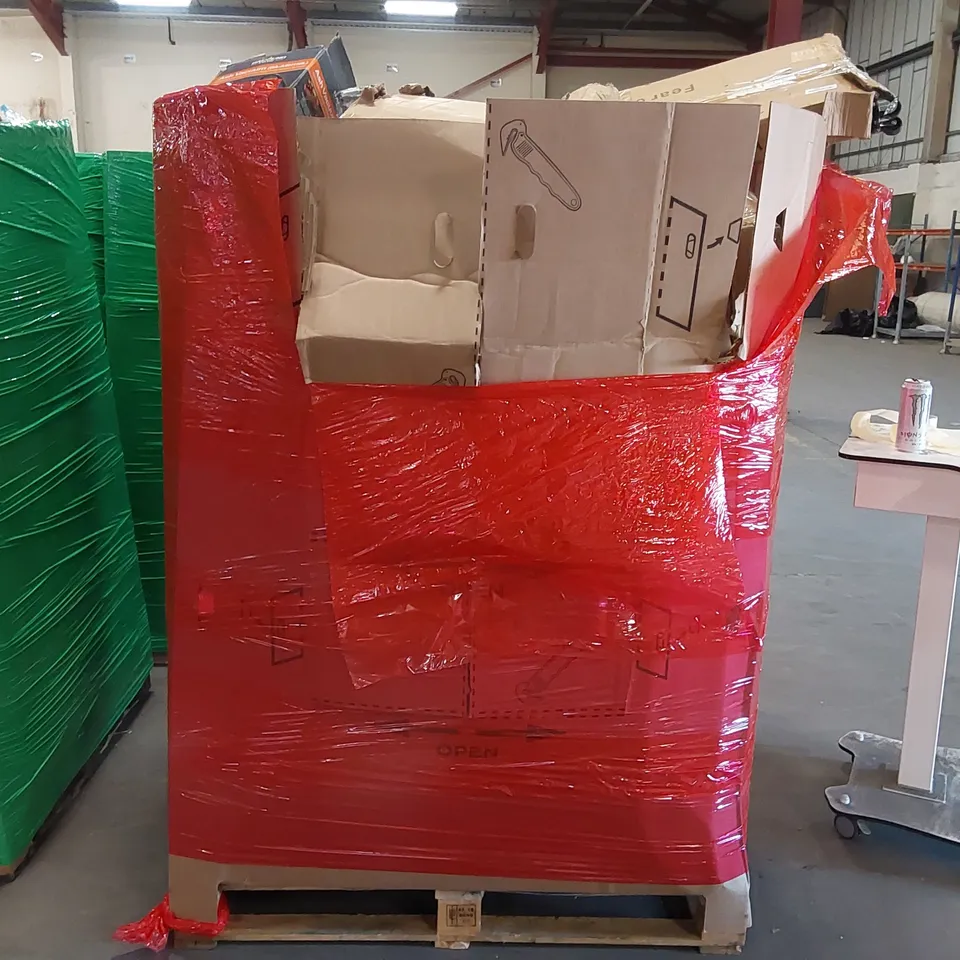 PALLET OF ASSORTED CONSUMER PRODUCTS TO INCLUDE: PORTABLE FOLDING SHELF, 3 TIER PLANT STAND, ASH VACUUM, RETRACTABLE SAFETY GATES, STONE BATH MAT ECT