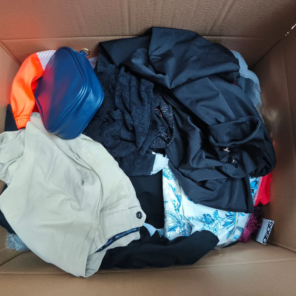 LARGE BOX OF APPROXIMATELY 25 ASSORTED CLOTHING ITEMS IN VARIOUS COLOURS, STYLES AND SIZES - COLLECTION ONLY
