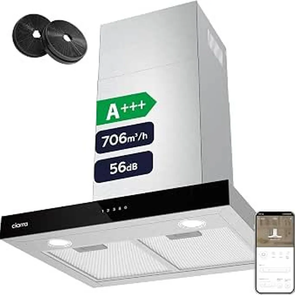BOXED CIARRA CBCS6102 60CM COOKER HOOD CLASS A+++ 706M³/H, WIFI APP TOUCH CONTROL [ENERGY CLASS A+++]
