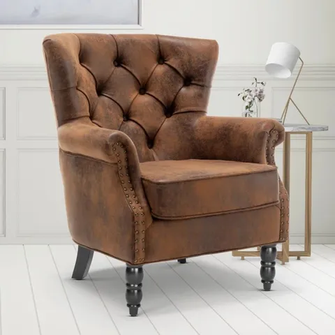 BOXED ABDURRAUF 70cm WIDE TUFTED POLYESTER WINGBACK CHAIR - BROWN (1 BOX)