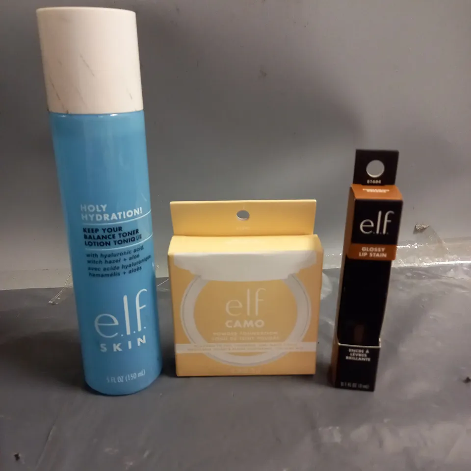 ELF LOT OF 3 ASSORTED COSMETIC PRODUCTS TO INCLUDE - CAMO POWDER FOUNDATION IN FAIR 140W - GLOSSY LIP STAIN CINNAMON DREAMZ - BALANCE TONER 