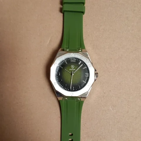 BOXED RUCKSTUHL STAINLESS STEEL WATCH WITH GREEN SILICONE STRAP