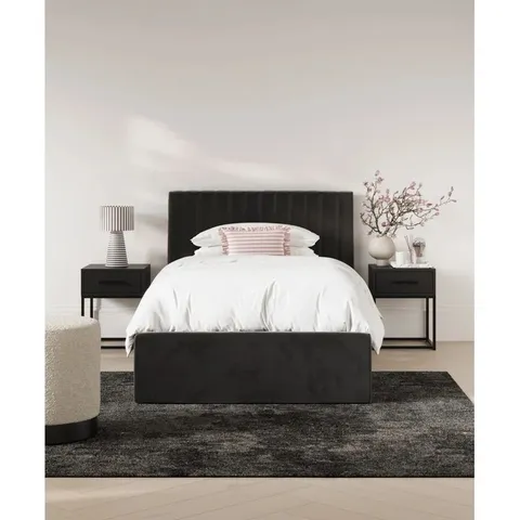 BOXED BERLIN UPHOLSTERED SINGLE END LIFT OTTOMAN STORAGE BED - BLACK (2 BOXES)