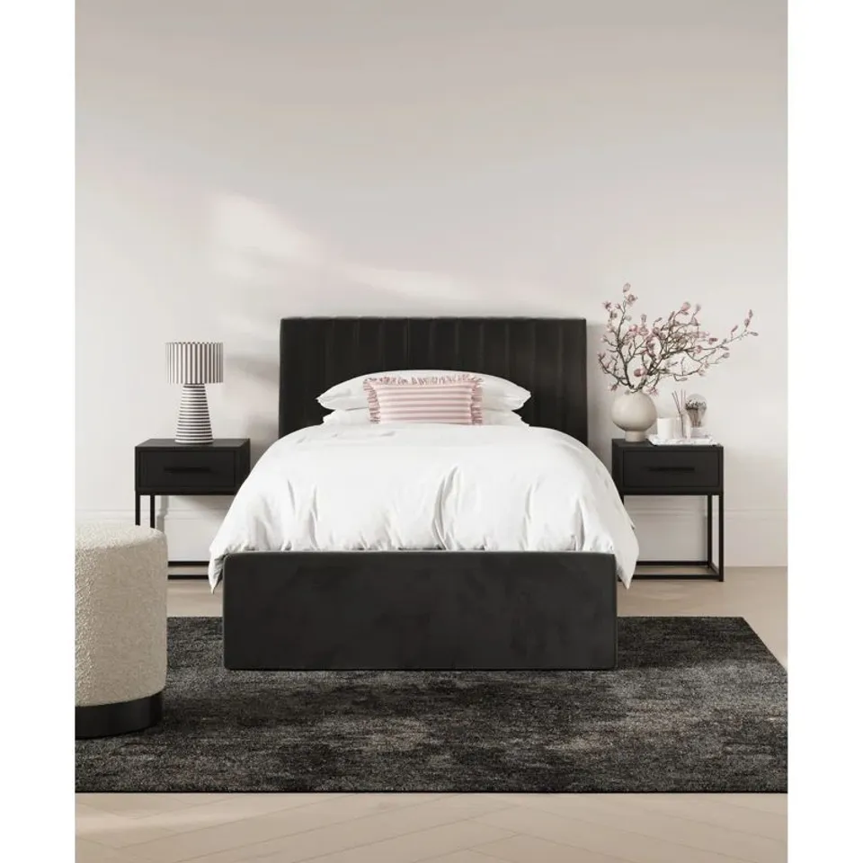 BOXED BERLIN UPHOLSTERED SINGLE END LIFT OTTOMAN STORAGE BED - BLACK (2 BOXES)