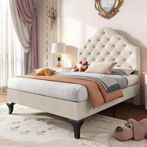 BOXED ABRIHOME SINGLE UPHOLSTERED BED(90 X 190 CM) WITH ADJUSTABLE HEADBOARD, BEIGE