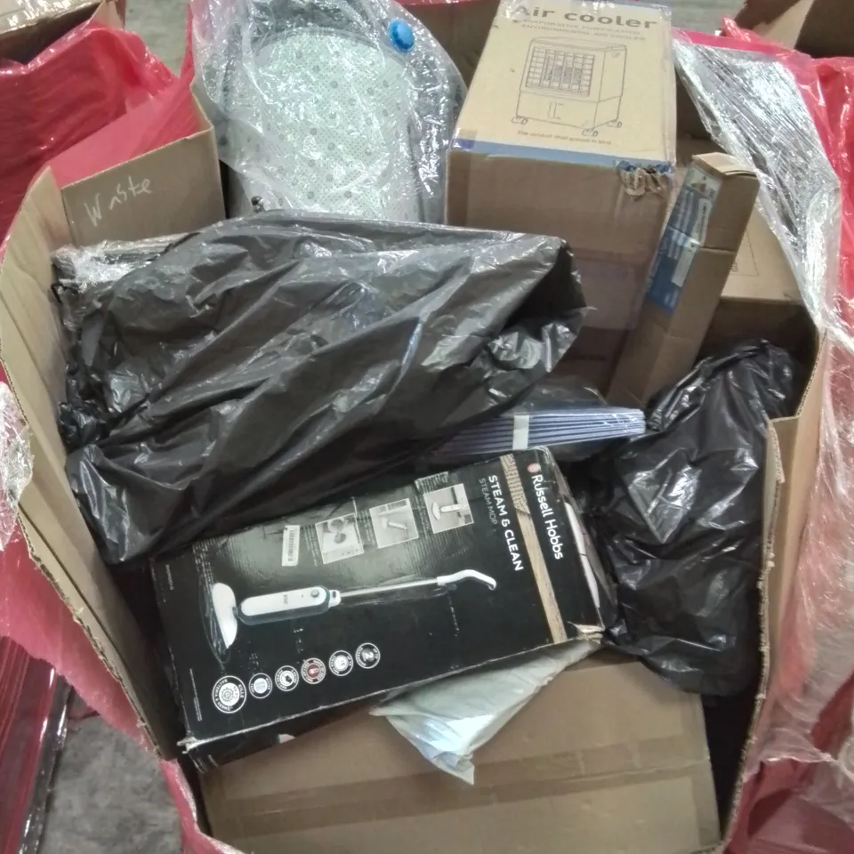 PALLET CONTAINING VARIOUS BOXED ITEMS TO INCLUDE RUSSELL HOBBS STEAM MOP, LED BATTEN LIGHT, AIR COOLER ETC.