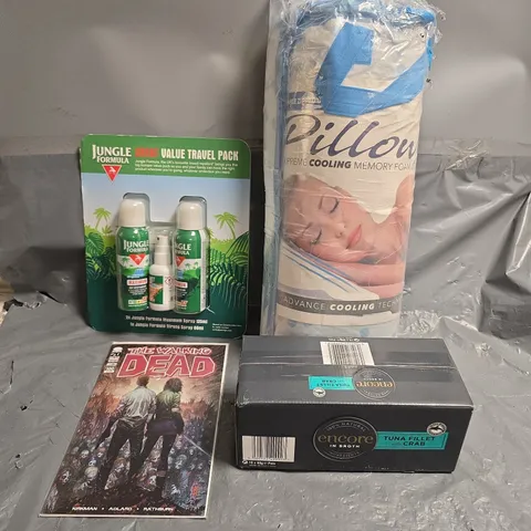 BOX OF APPROXIMATELY 10 ASSORTED HOUSEHOLD ITEMS TO INCLUDE - THE WALKING DEAD COMIC - MEMORY FOAM COOLING PILLOW - JUNGLE FORMULA TRAVEL PACK - ETC - COLLECTION ONLY