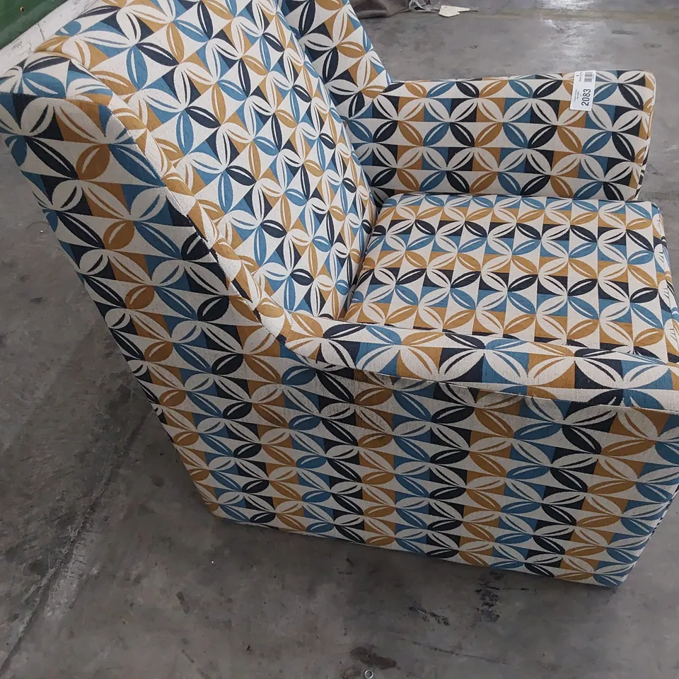 DESIGNER EASY CHAIR BLUE/GOLD/ BEIGE FABRIC 