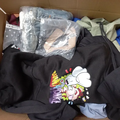 LARGE BOX OF APPROXIMATELY 20 ASSORTED CLOTHING ITEMS IN VARIOUS SIZES, STYLES AND COLOURS