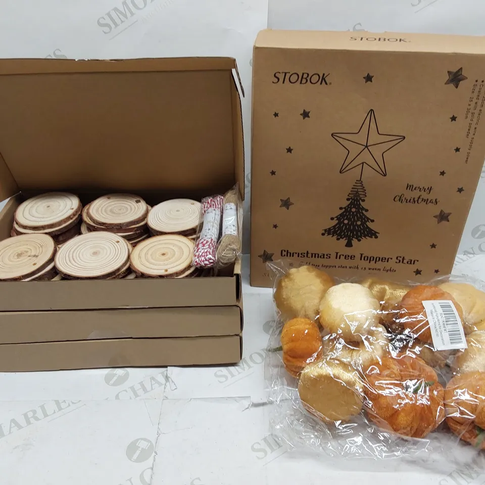 BOX OF BRAND NEW ASSORTED DECORATIONS INCLUDING APPROXIMATELY; 3X 36PCS ROUND WOOD CHIPS WITH HOLES AND COLOURED STRING, 1X STOBOK GOLD CHRISTMAS TREE STAR, 1X 12PCS ARTIFICIAL PUMPKINS.