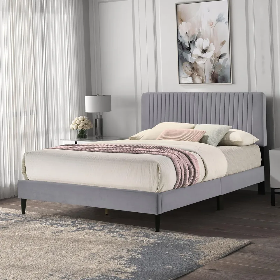 BOXED GALANO MELROSE UPHOLSTERED DOUBLE BED – STYLISH FABRIC BED FRAME WITH HEADBOARD – STURDY WOODEN SLAT SUPPORT