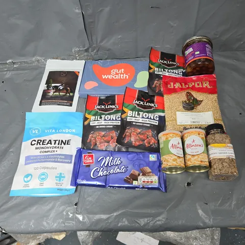 APPROXIMATELY 10 ASSORTED FOOD ITEMS TO INCLUDE CREATINE TABLETS, GUT WEALTH KIT, AND MILK CHOCOLATE ETC. 