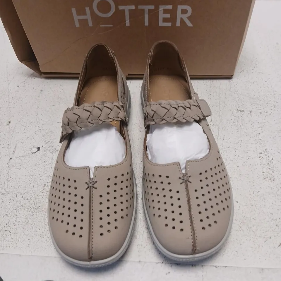 HOTTER WOMEN’S BEIGE PERFORATED SLIP-ON SHOES WITH BRAIDED STRAP