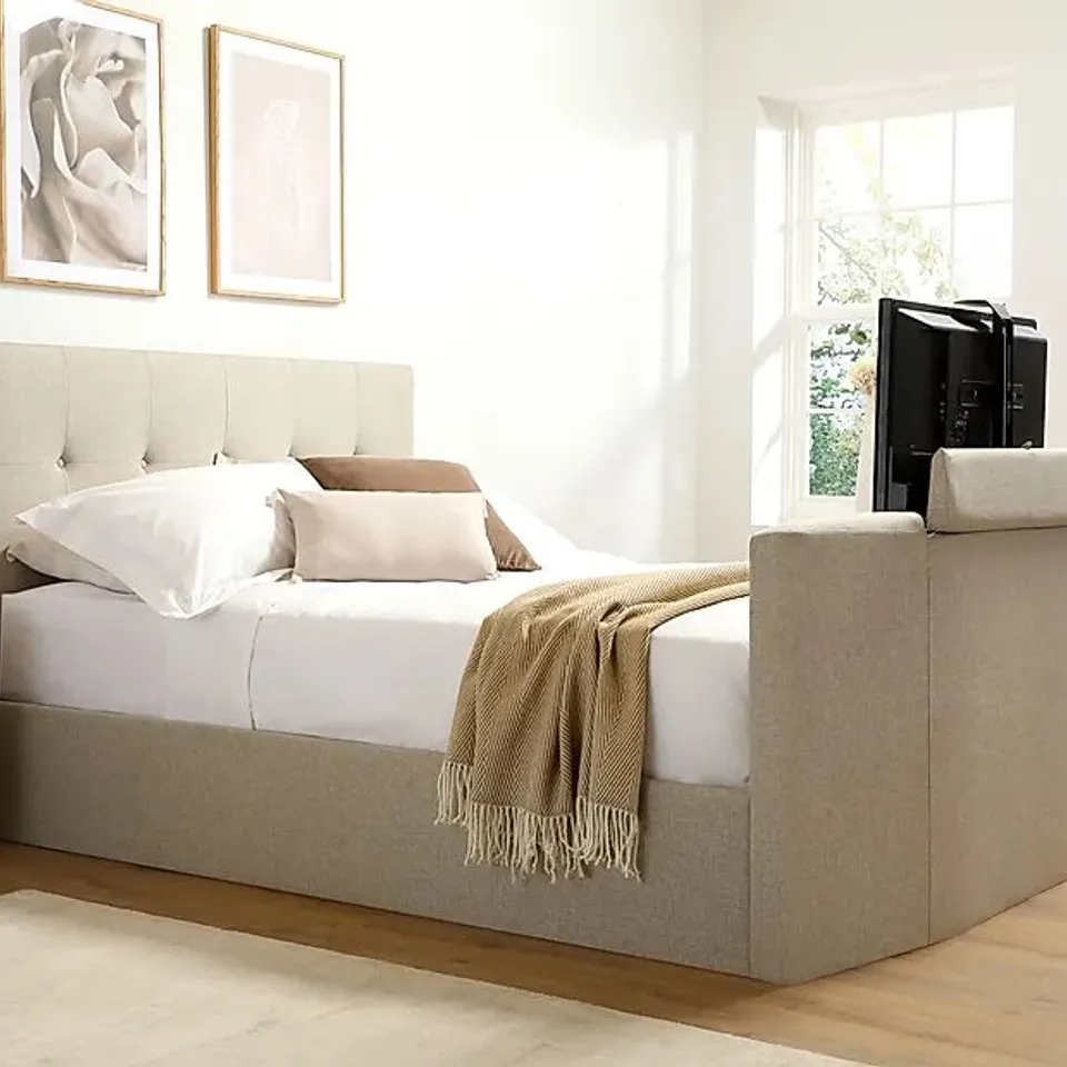 BOXED LANGHAM OATMEAL FABRIC OTTOMAN DOUBLE SIZE BED  (5 BOXES)