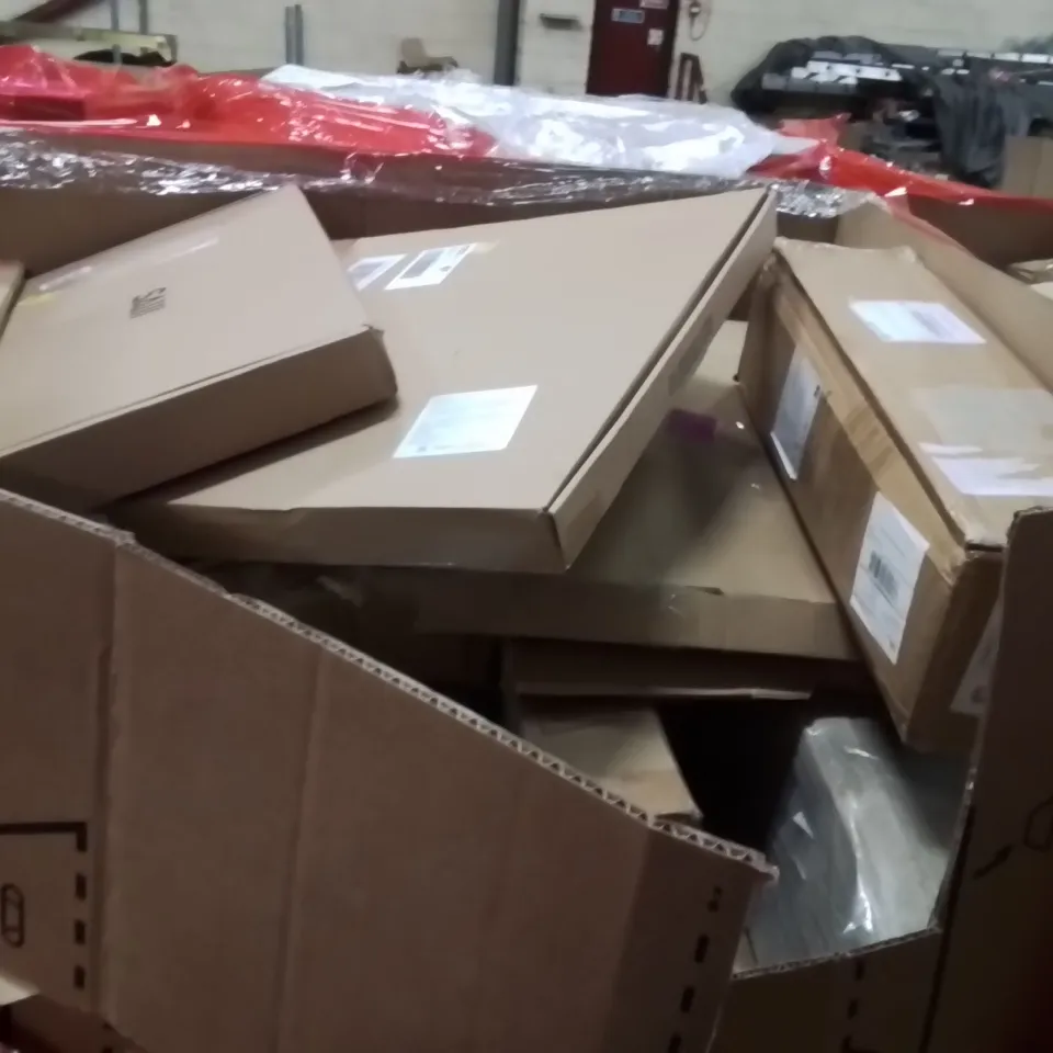 PALLET OF ASSORTED HOUSEHOLD GOODS AND PRODUCTS TO INCLUDE;AREA RUG,TV STAND WALL MOUNTED 