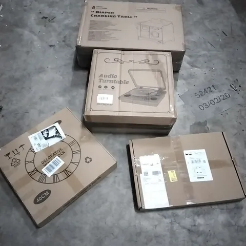 PALLET OF HOUSEHOLD ITEMS TO INCLUDE CLOCK,TABLET STAND,AUDIO TURNTABLE, DIAPER CHANGING TABLE AND OTHER ASSORTED ITEMS...