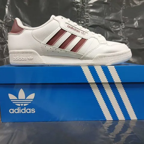 BOXED PAIR OF ADIDAS CONTINENTAL 80 STRIP SHOES IN WHITE/BURGUNDY SIZE UK 9