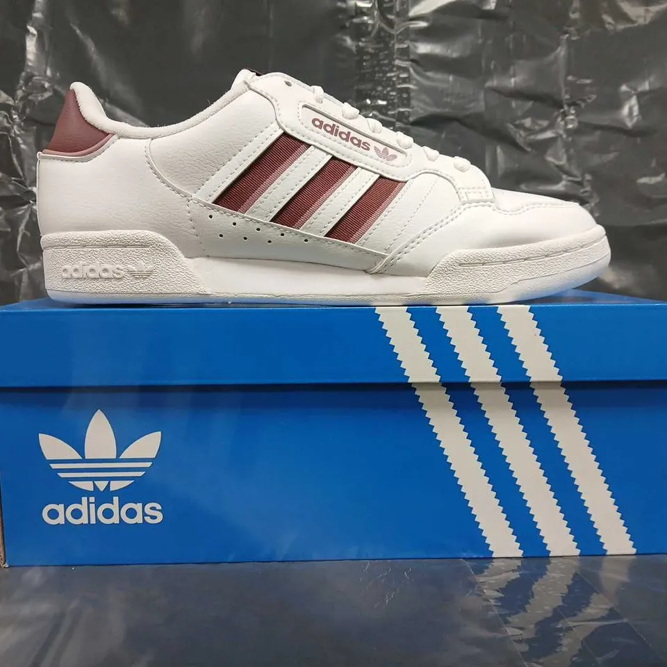 BOXED PAIR OF ADIDAS CONTINENTAL 80 STRIP SHOES IN WHITE/BURGUNDY SIZE UK 9