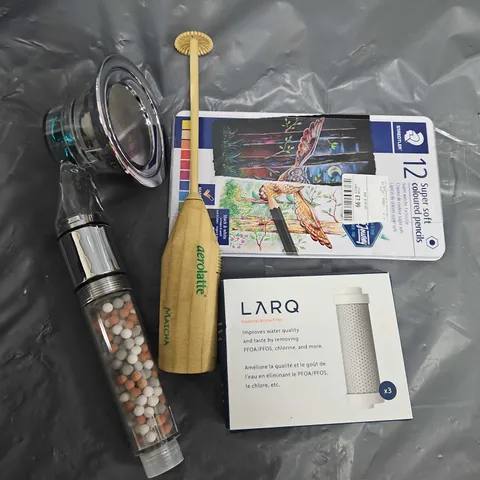 BOX OF ASSORTED HOME AND ACCESSORIES ITEMS TO INCLUDE -PENCILS - SHOWER HEAD - LARQ 