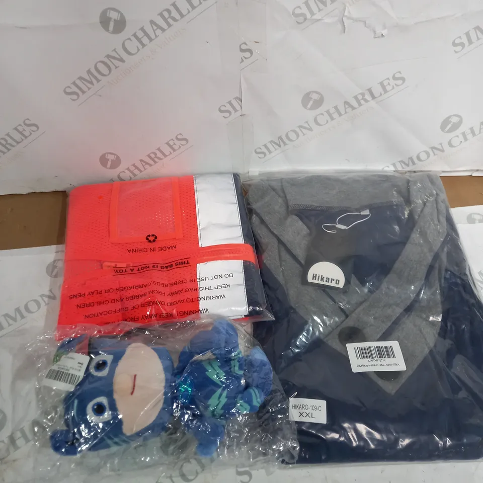 LARGE BOX OF ASSORTED ITEMS TOO INCLUDE VISIBILITY VESTS , JACKETS AND TOYS 