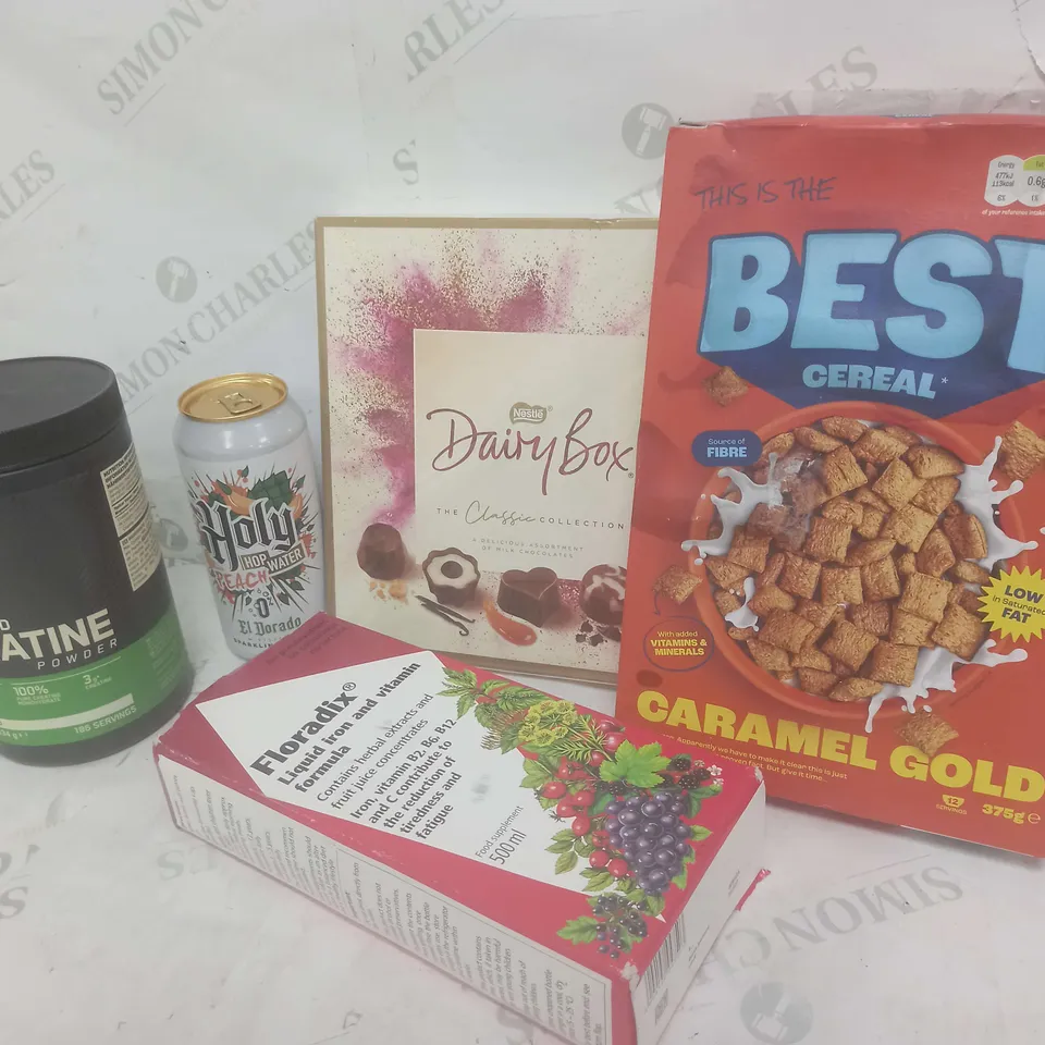 BOX OF APPROXIMATELY 10 ASSORTED ITEMS TO INCLUDE BEST CEREAL, CREATINE, PEACH SPARKLING WATER ETC