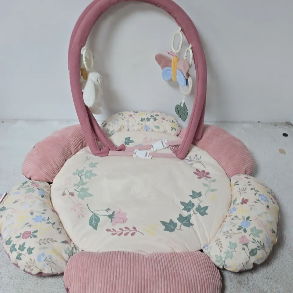 PINK BABY ACTIVITY GYM WITH PLUSH HANGING TOYS AND FLORAL CUSHIONED MAT