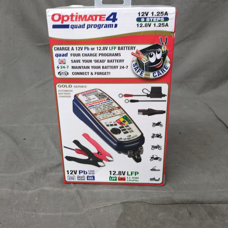 OPTIMATE 4 QUAD PROGRAM BATTERY CHARGER – 12V 1.25A (BOXED)