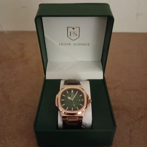 FRANK SCHMIDT WRISTWATCH – ROSE GOLD TONE CASE, GREEN DIAL, BROWN LEATHER STRAP
