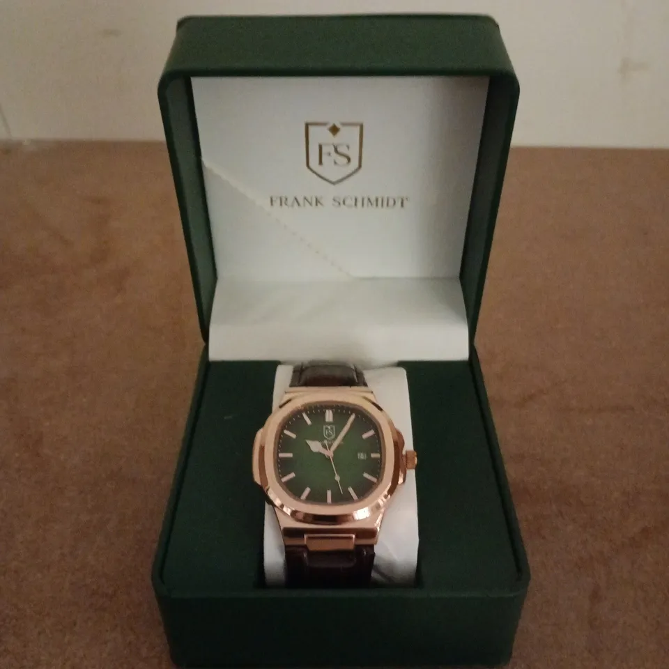 FRANK SCHMIDT WRISTWATCH – ROSE GOLD TONE CASE, GREEN DIAL, BROWN LEATHER STRAP 