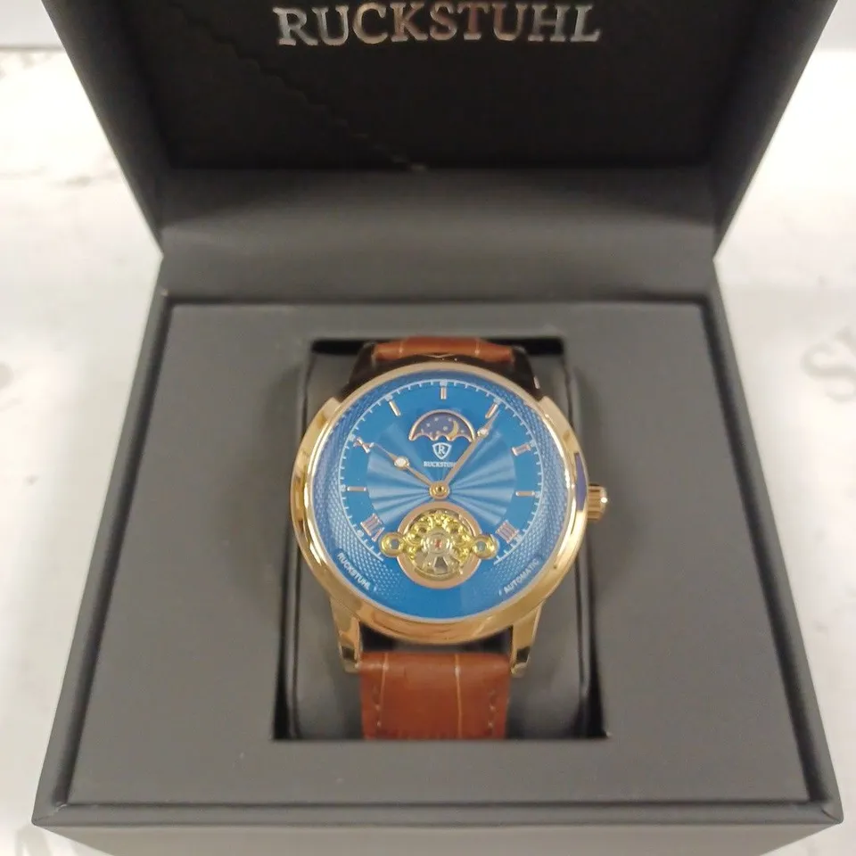RUCKSTUHL CHRONOGRAPH BLUE FACE PART SKELETON BROWN LEATHER STRAP WRISTWATCH 