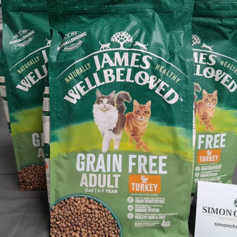 LOT OF 3 4KG PACKS OF JAMES WELL-BELOVED GRAIN FREE ADULT CAT FOOD - TURKEY