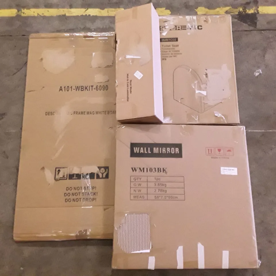 PALLET OF ASSORTED PRODUCTS INCLUDING WALL MIRROR, ALUMINIUM FRAME MAGNETIC WHITEBOARD, TOILET SEAT, HOT & COLD LAMINATOR