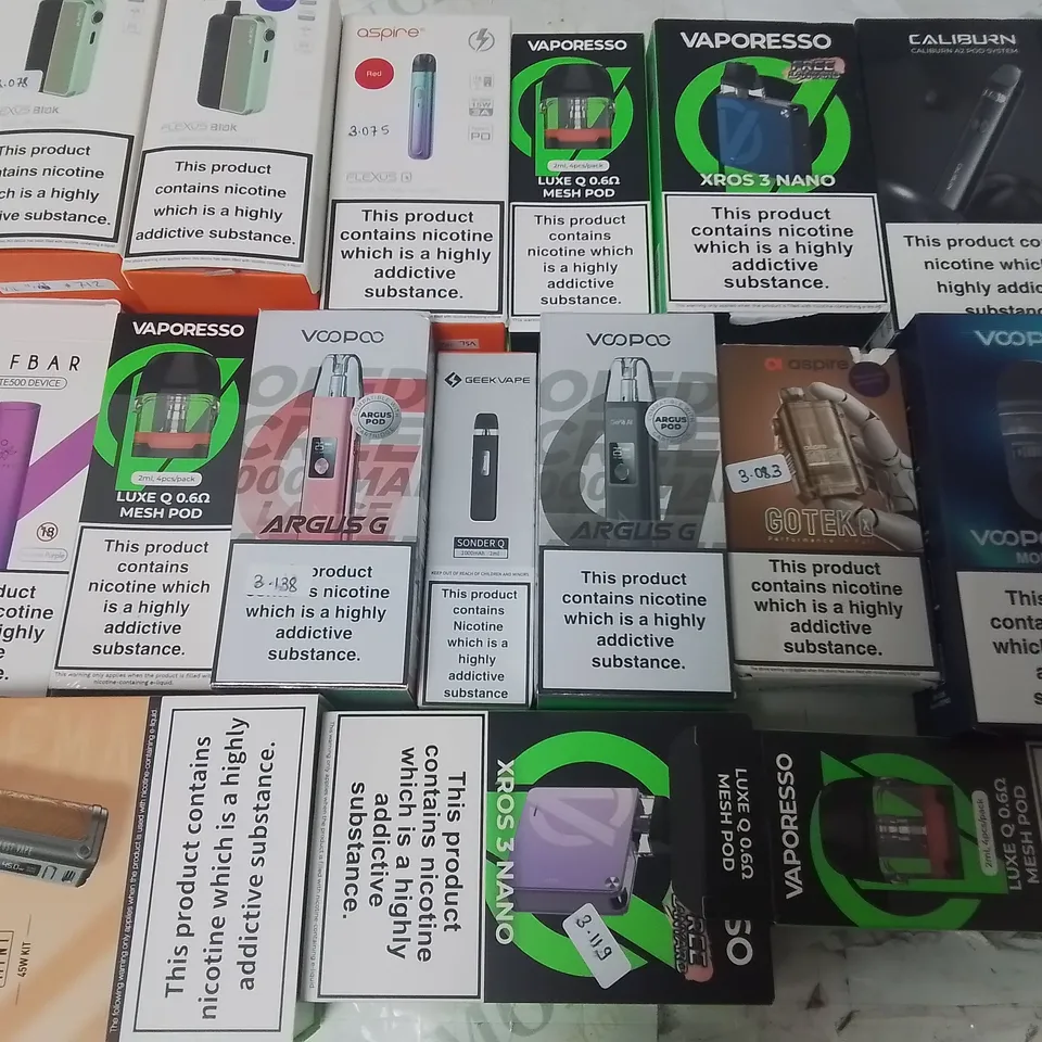 LOT OF ASSORTED E-CIGS AND PARTS TO INCLUDE VAPORESSO, OXVA AND ASPIRE