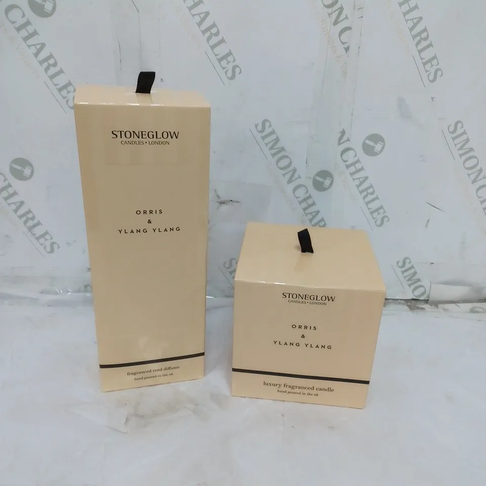 BOXED STONEGLOW REED DIFFUSER AND LARGE CANDLE SET ORRIS AND YLANG YLANG SCENT
