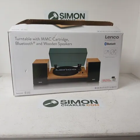 LENCO TURNTABLE WITH MMC CARTRIDGE, BLUETOOTH & WOODEN SPEAKERS – BOXED